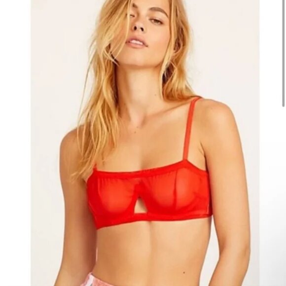 NWT $78 HAH Wired Mesh Bra Sz 30-38D Blood Orange Red Sheer Unlined Romantic - Picture 1 of 6